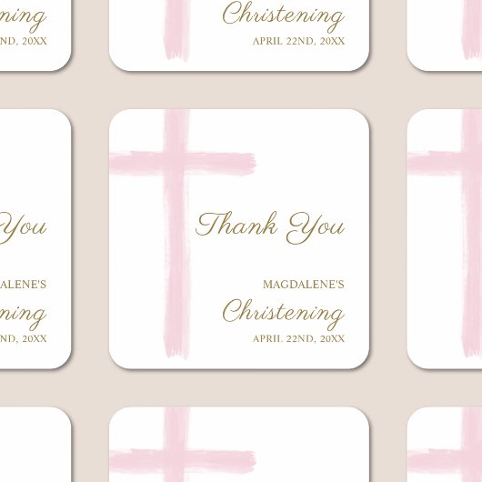 Simple Pink Cross Thank You Christening Baptism スクエアシール
