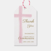 Simple Pink Cross Thank You First Holy Communion ギフトタグ (正面)