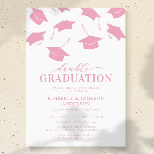 Simple Pink Double Graduation Party Invitations 招待状