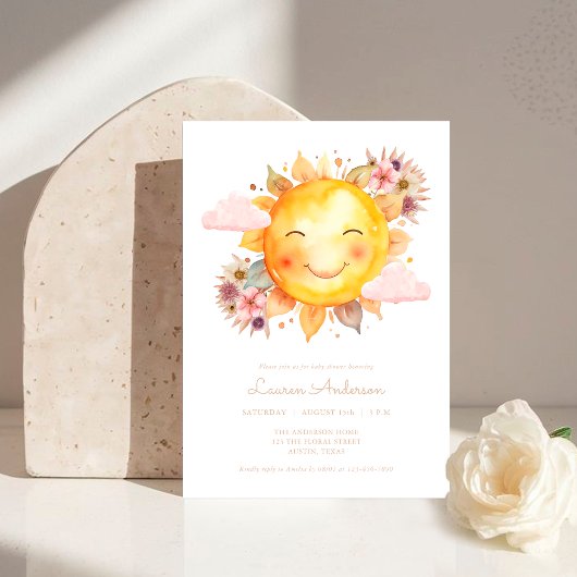 Simple Pink Floral Boho Sunshine Baby Shower 招待状