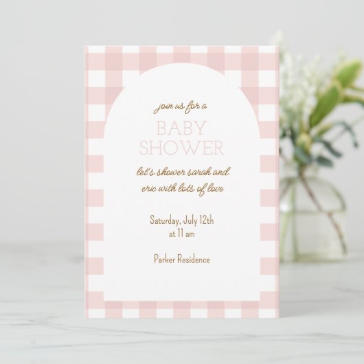 Simple Pink Gingham Baby Shower Invitation 招待状 (スタンド正面)