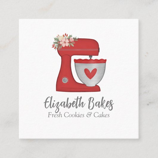 Simple Pink Mixer Floral Cake Bakery Business Card スクエア名刺 (正面)