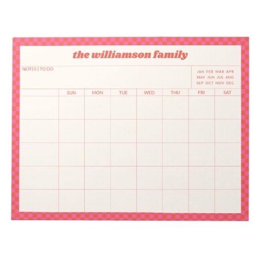 Simple Pink Red Checkered Family Planner Calendar ノートパッド (正面)