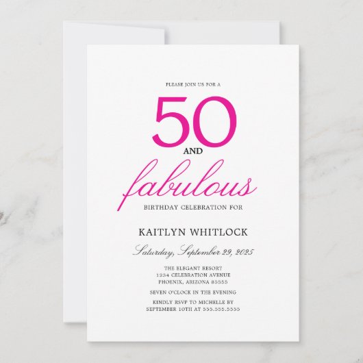 Simple Pink Script 50 and Fabulous 50th Birthday 招待状 (正面)