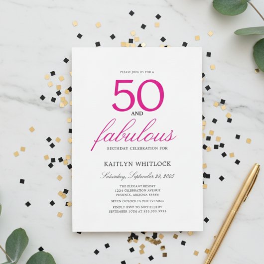 Simple Pink Script 50 and Fabulous 50th Birthday 招待状