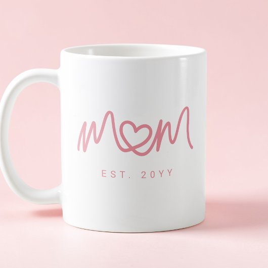 Simple Pink Script Heart Cute Mom Established コーヒーマグカップ