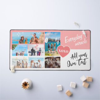 Simple pink white personalized text photo collage デスクマット