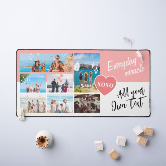 Simple pink white personalized text photo collage デスクマット (キッズテーブル)