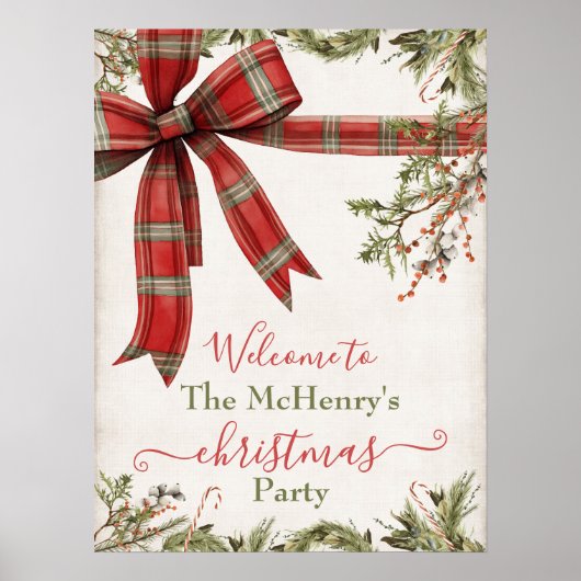 Simple Plaid Red Bow Christmas Holiday Welcome ポスター (正面)