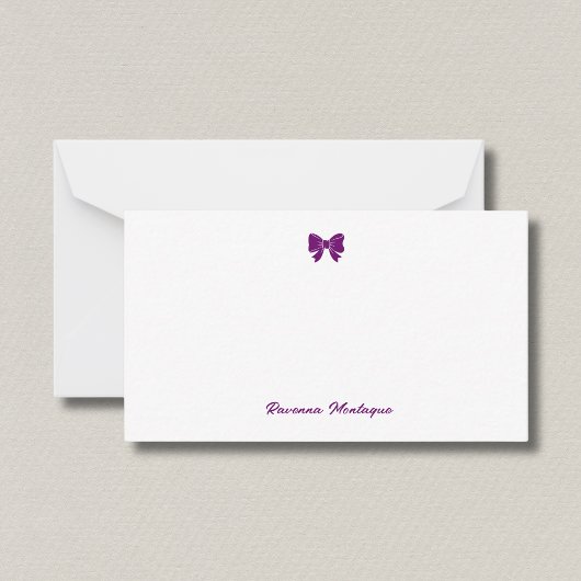 Simple Plum Purple Chic Bow Handwritten Name  ノートカード