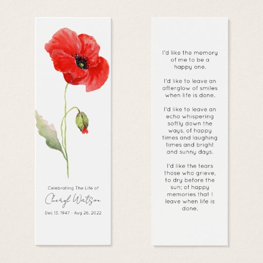 Simple Poppy Funeral Memorial Bookmark (正面&裏面)