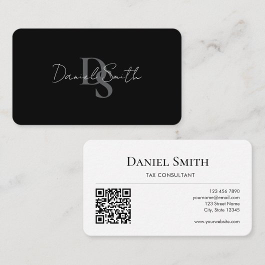 Simple Professional Monogram Initial QR code White 名刺 (正面/裏面)