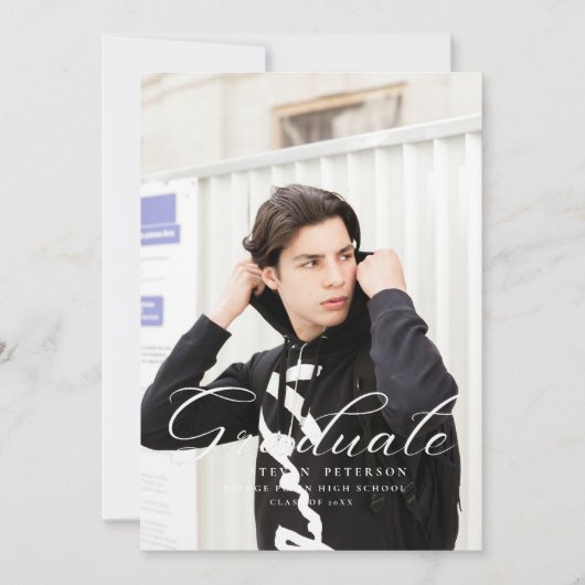 Simple Purple Calligraphy Photo Black Graduation  招待状 (正面)