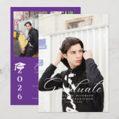 Simple Purple Calligraphy Photo Black Graduation  招待状 (正面/裏面)