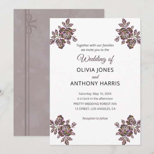 Simple Purple Roses Elegant Modern Floral Wedding  招待状 (正面/裏面)
