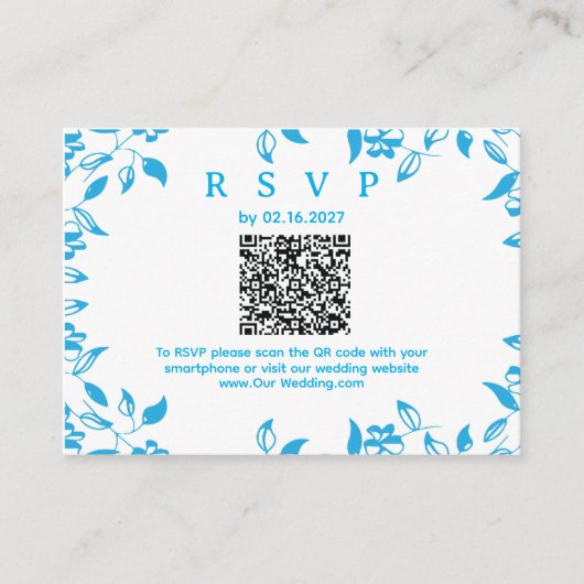simple QR RSVP blue floral rustic card エンクロージャーカード (正面)