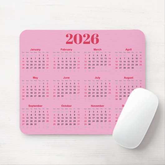 Simple red and pink 2026 Calendar  マウスパッド (マウス)