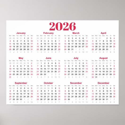 Simple red and White 2026 Calendar ポスター (正面)
