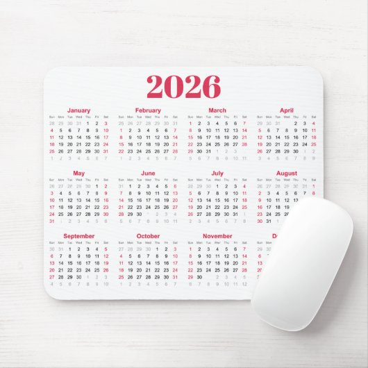 Simple red and White 2026 Calendar  マウスパッド (マウス)