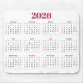 Simple red and White 2026 Calendar  マウスパッド (正面)