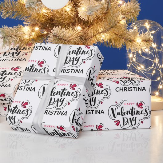 Simple Red and White Happy Valentines Day Name  ラッピングペーパー (クリスマス)