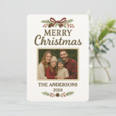 Simple Red Bow Greenery Photo Christmas Card シーズンカード (スタンド正面)