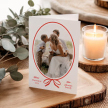 Simple Red Bow Oval Photo Christmas