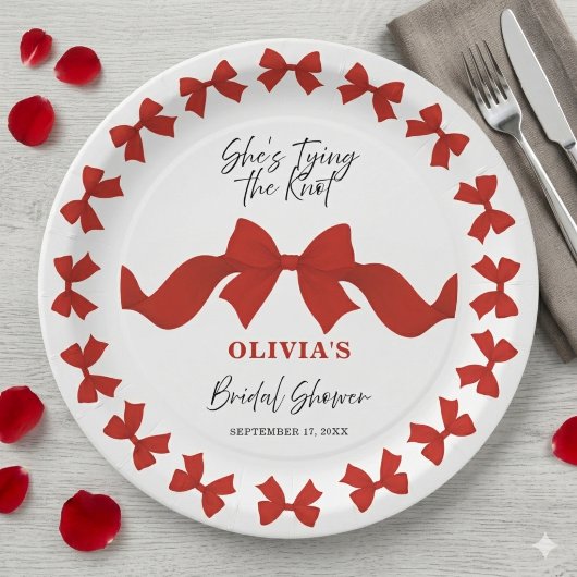 Simple Red Bow She's Tying the Knot Bridal Shower ペーパープレート