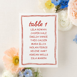 Simple Red Doodle Wedding Seating Chart Card テーブルナンバー