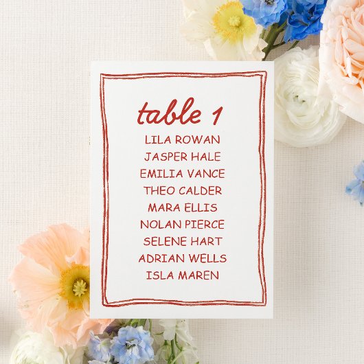 Simple Red Doodle Wedding Seating Chart Card テーブルナンバー