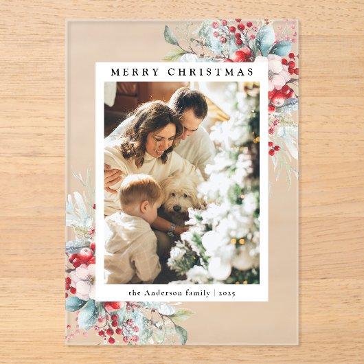 Simple Red Holly Berries Merry Christmas Card アクリル招待状 (正面)