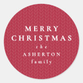 Simple red Merry Christmas knit pattern gift ラウンドシール (正面)