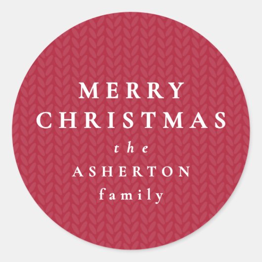 Simple red Merry Christmas knit pattern gift ラウンドシール (正面)