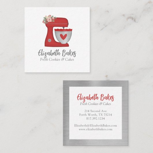 Simple Red Mixer Floral Cake Bakery Business Card スクエア名刺 (正面/裏面)