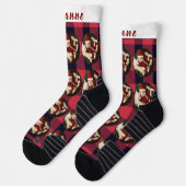 Simple Red Plaid Funny Christmas Family Photo ソックス (左)