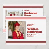 Simple Red Stripes Graduation Party Announcement 案内状 (正面/裏面)