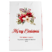 Simple Red White Poinsettia Holiday Gift Bag ミディアムペーパーバッグ (正面)
