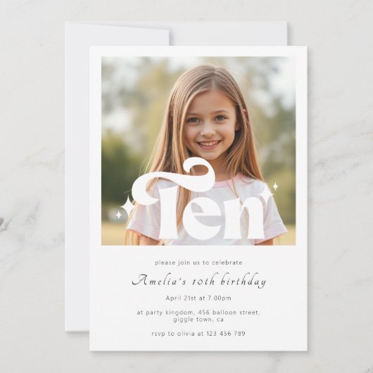 Simple Retro Modern Minimalist 10th Birthday Photo 招待状 (正面)