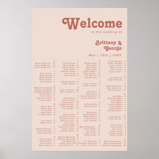 Simple Retro Vibes Blush Pink Alphabetical Seating ポスター (正面)