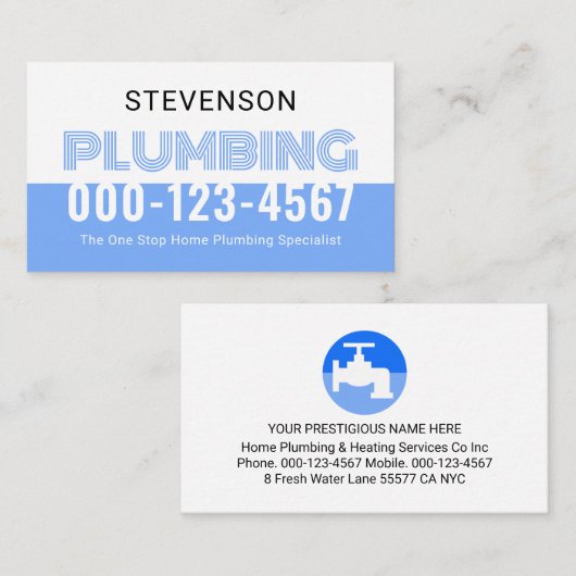 Simple Retro White Blue Water Plumbing 名刺 (正面/裏面)