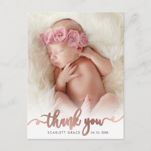 Simple Rose Gold Script Baby Photoありがとう ポストカード (正面)