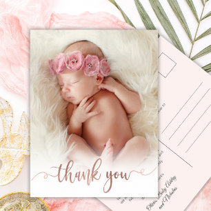 Simple Rose Gold Script Baby Photoありがとう ポストカード