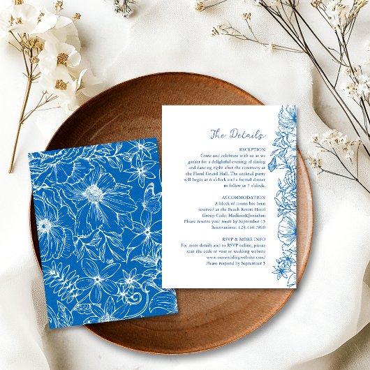 Simple Royal Blue Floral Garden Wedding Details エンクロージャーカード
