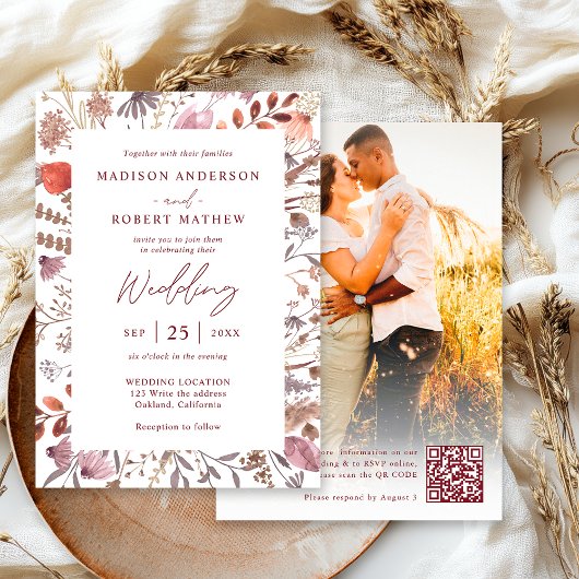 Simple Rustic Boho Chic Photo QR Code Wedding 招待状