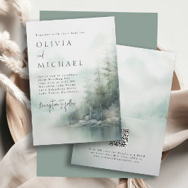 Simple Rustic Mountain Lake Misty Pines Wedding 招待状