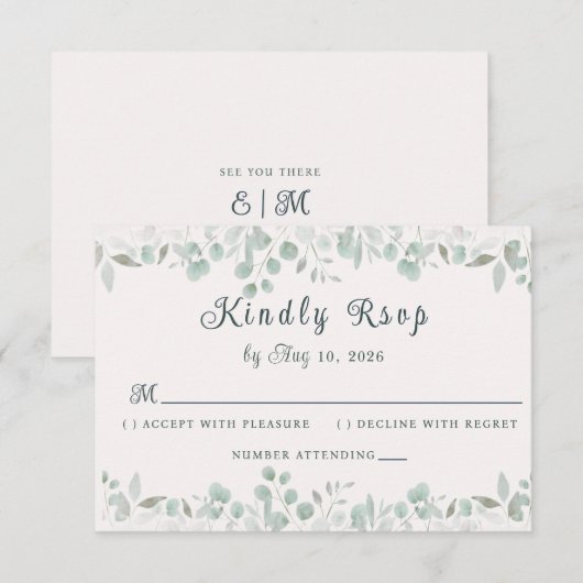 Simple Sage Green Botanical Minimalist Wedding 出欠カード (正面/裏面)
