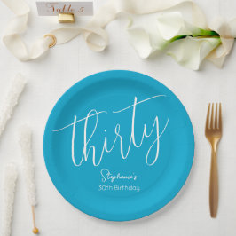Simple Script モダン Aqua Blue 30th Birthdayパーティー ペーパープレート