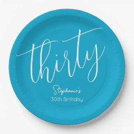 Simple Script モダン Aqua Blue 30th Birthdayパーティー ペーパープレート