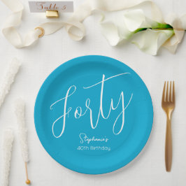Simple Script モダン Aqua Blue 40th Birthdayパーティー ペーパープレート