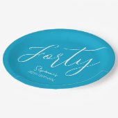 Simple Script モダン Aqua Blue 40th Birthdayパーティー ペーパープレート (アングル)